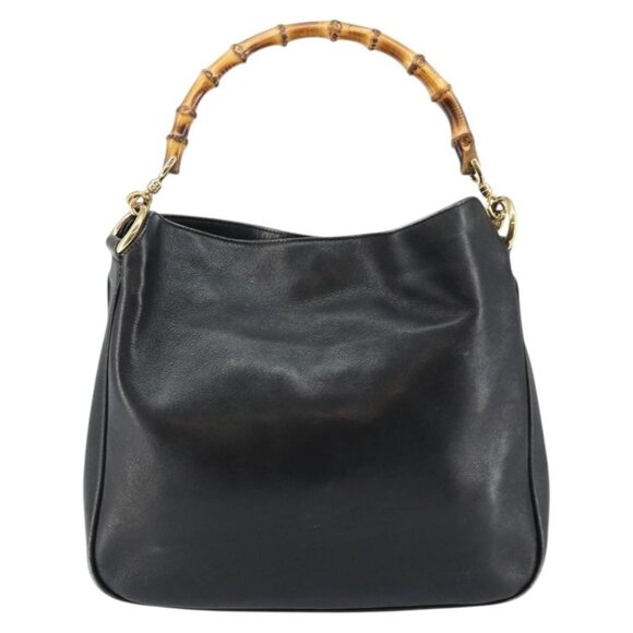 GUCCI Bamboo Hand Bag Leather 2way Black Gold Auth 143579 - Picture 3 of 16